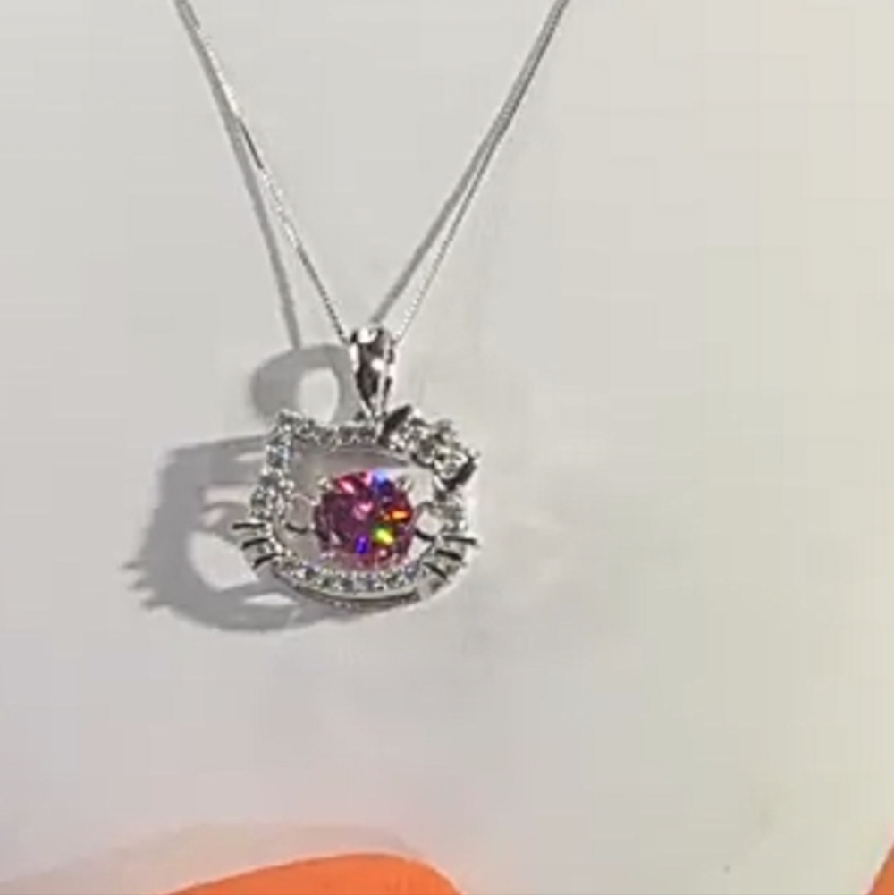 Hello Kitty Moissanite 2CT Rare Pink Center Stone Solid Silver,Box Chain NEW